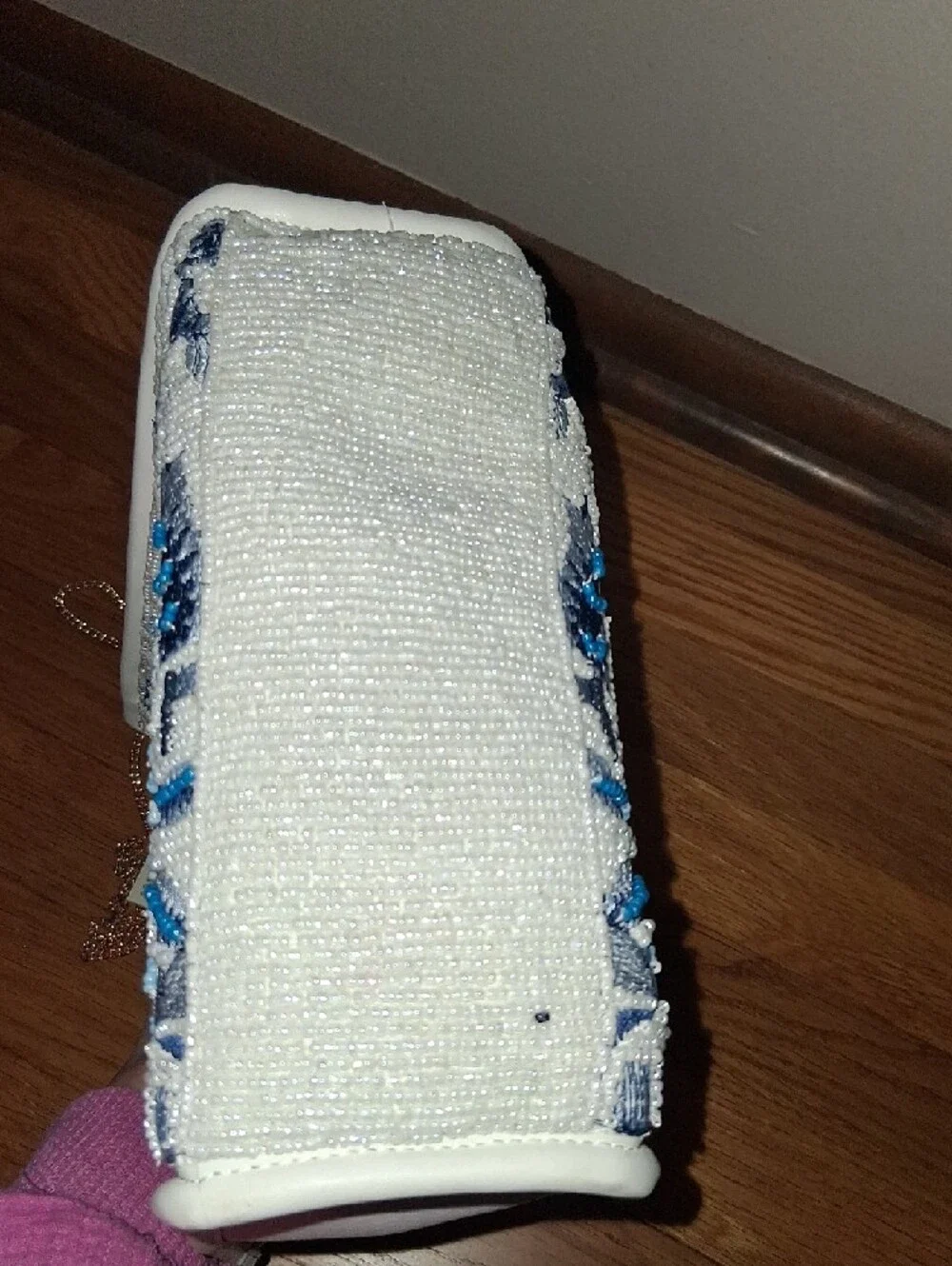 NWT Viral White & Blue Floral Embroidered Beaded Tote with Bamboo Top Handle